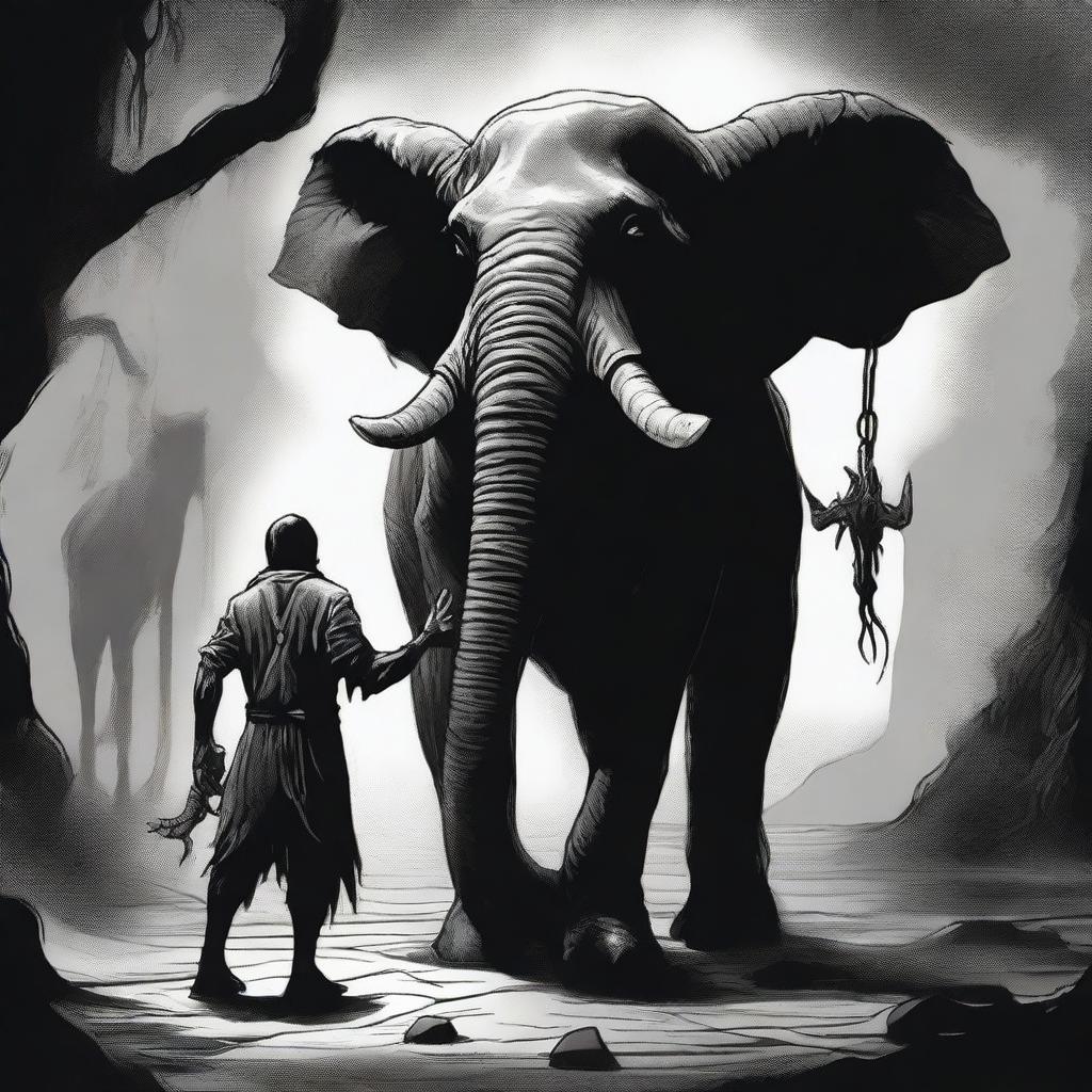 A dark Dungeons & Dragons illustration depicting a man with the head of an elephant and the legs of a goat