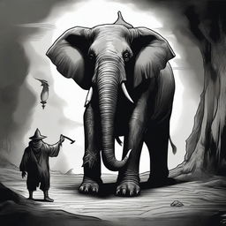 A dark Dungeons & Dragons illustration depicting a man with the head of an elephant and the legs of a goat