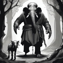 A dark Dungeons & Dragons illustration depicting a demon with the head of an elephant, the body of a man, and two goat legs