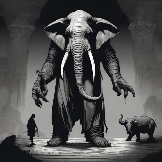 A dark Dungeons & Dragons illustration depicting a demon with the head of an elephant, the body of a man, and two goat legs