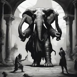 A dark Dungeons & Dragons illustration depicting a demon with the head of an elephant, the body of a man, and two goat legs