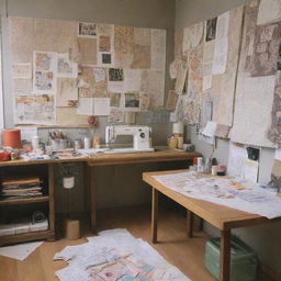 A fashion designer's studio brimming with sketches, patterns, and fabrics. An industrial sewing machine tucked in the corner. The walls adorned with inspiration images and mood boards. Neatly organized threads and fabric swatches. The artistic process of ideas transforming into garments.