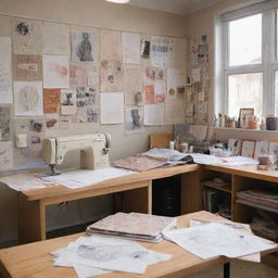 A fashion designer's studio brimming with sketches, patterns, and fabrics. An industrial sewing machine tucked in the corner. The walls adorned with inspiration images and mood boards. Neatly organized threads and fabric swatches. The artistic process of ideas transforming into garments.