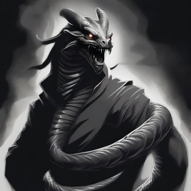 A dark Dungeons & Dragons illustration depicting a demon that takes the form of a snake