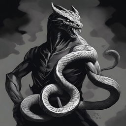 A dark Dungeons & Dragons illustration depicting a demon that takes the form of a snake