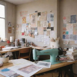 A fashion designer's studio brimming with sketches, patterns, and fabrics. An industrial sewing machine tucked in the corner. The walls adorned with inspiration images and mood boards. Neatly organized threads and fabric swatches. The artistic process of ideas transforming into garments.