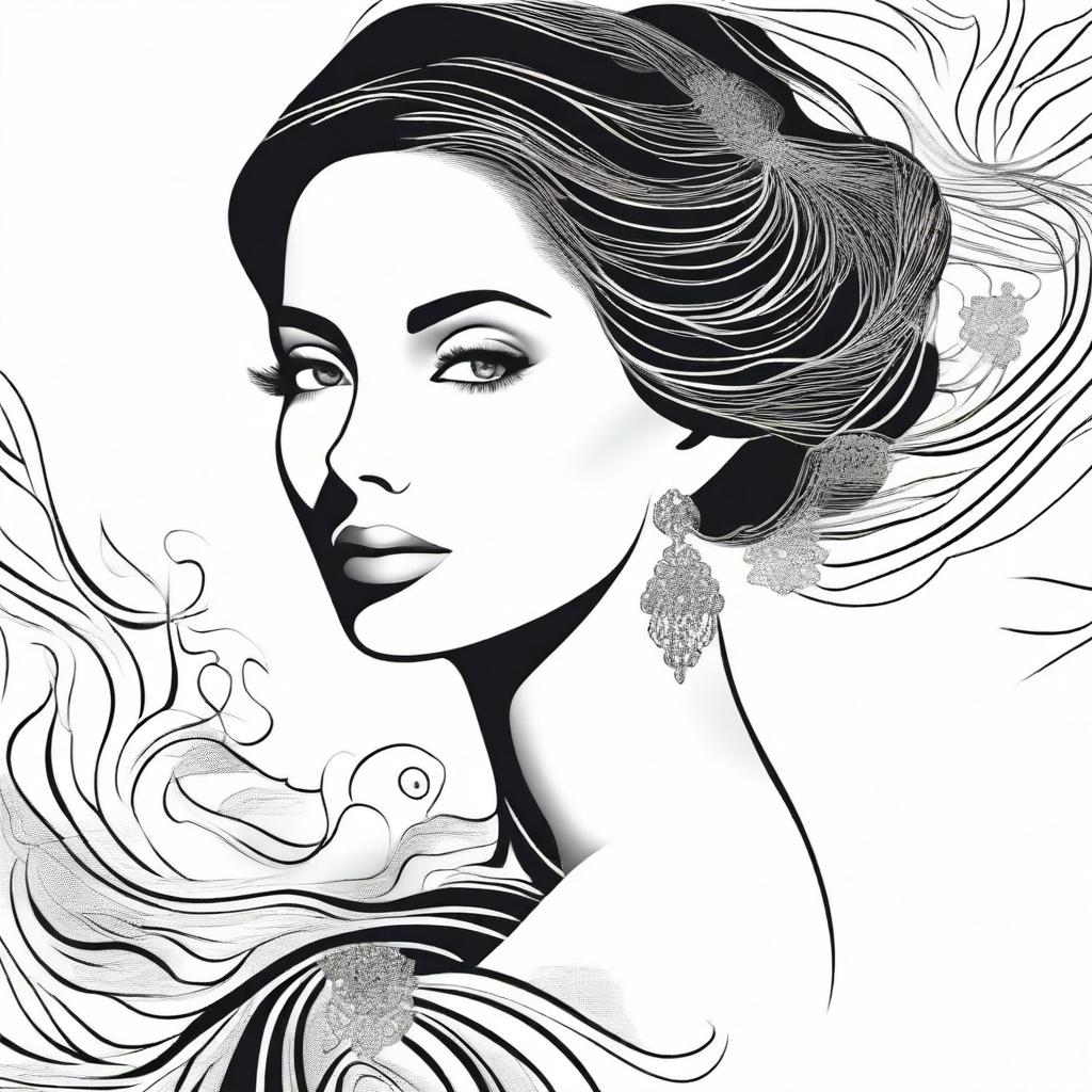 A detailed black and white illustration of a beautiful woman