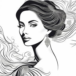 A detailed black and white illustration of a beautiful woman