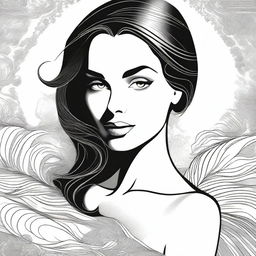 A detailed black and white illustration of a beautiful woman