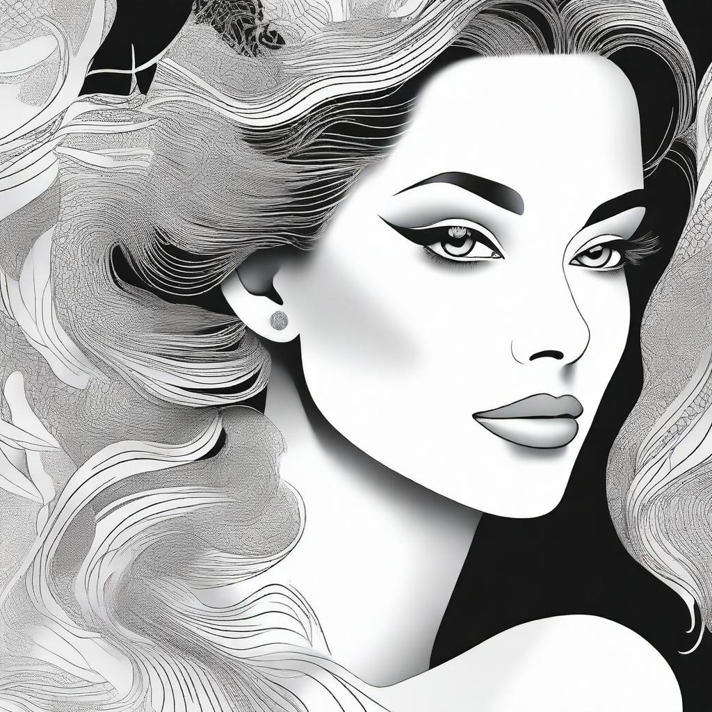 A detailed black and white illustration of a beautiful woman