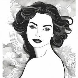 A detailed black and white illustration of a beautiful woman