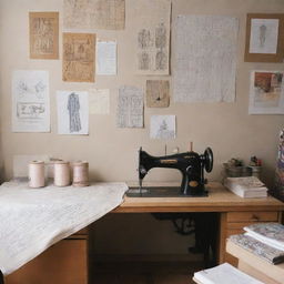 A fashion designer's studio brimming with sketches, patterns, and fabrics. An industrial sewing machine tucked in the corner. The walls adorned with inspiration images and mood boards. Neatly organized threads and fabric swatches. The artistic process of ideas transforming into garments.