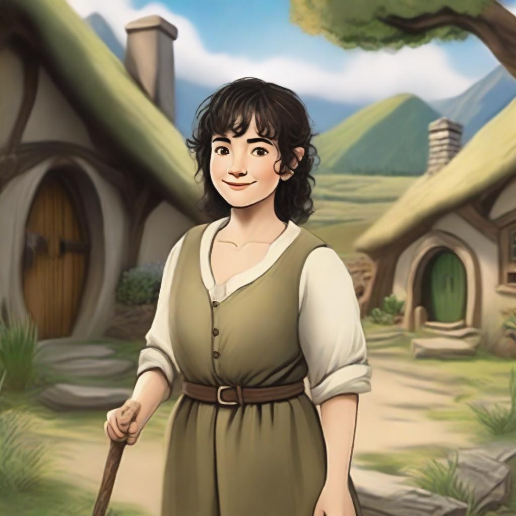 An adult female hobbit with short, curly black hair and brown eyes