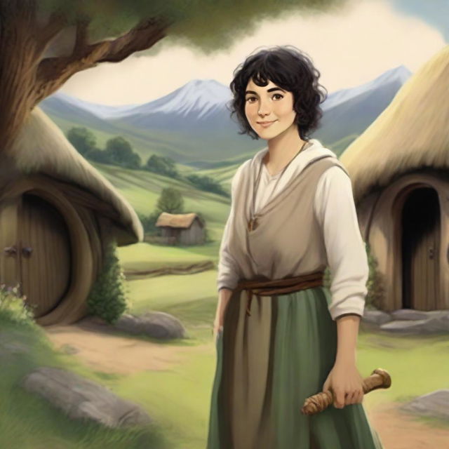 An adult female hobbit with short, curly black hair and brown eyes