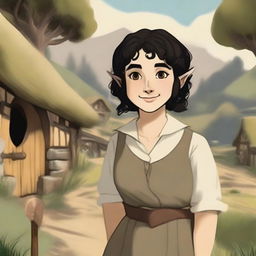 An adult female hobbit with short, curly black hair and brown eyes