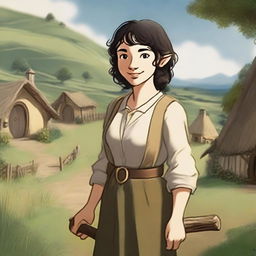 An adult female hobbit with short, curly black hair and brown eyes