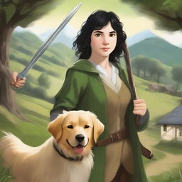 A detailed portrait of a female hobbit with short, curly black hair and brown eyes