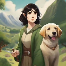 A detailed portrait of a female hobbit with short, curly black hair and brown eyes