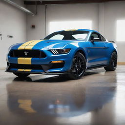 A 4K ultra-realistic image of a glossy blue Shelby Mustang parked in a garage under white light, with a small yellow snake featuring black and brown patterns, furiously looking out from the bonnet of the car. The car is captured in a stylish, wide front down-angle shot.