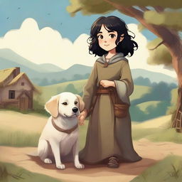 A detailed illustration of an adult female halfling wizard with short, curly black hair and brown eyes