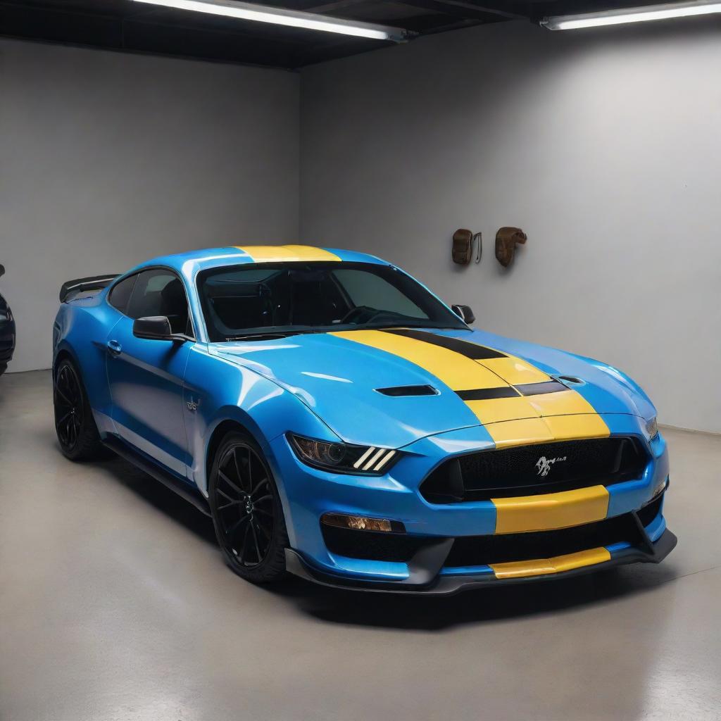 A 4K ultra-realistic image of a glossy blue Shelby Mustang parked in a garage under white light, with a small yellow snake featuring black and brown patterns, furiously looking out from the bonnet of the car. The car is captured in a stylish, wide front down-angle shot.