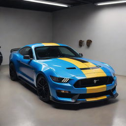 A 4K ultra-realistic image of a glossy blue Shelby Mustang parked in a garage under white light, with a small yellow snake featuring black and brown patterns, furiously looking out from the bonnet of the car. The car is captured in a stylish, wide front down-angle shot.