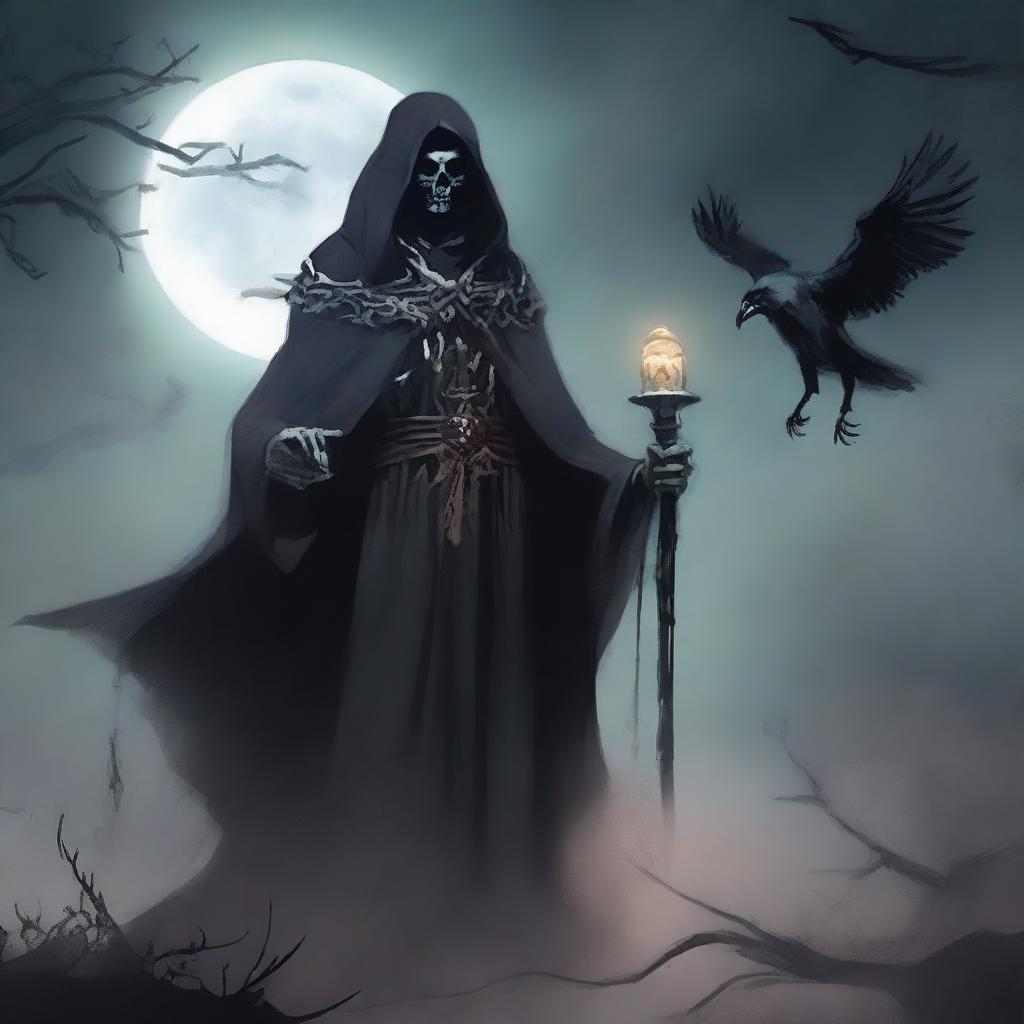 Under a hazy full moon, a cunning and scheming undead lord stands, wearing a mask