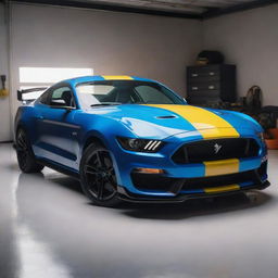 A 4K ultra-realistic image of a glossy blue Shelby Mustang parked in a garage under white light, with a small yellow snake featuring black and brown patterns, furiously looking out from the bonnet of the car. The car is captured in a stylish, wide front down-angle shot.