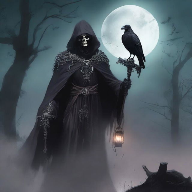 Under a hazy full moon, a cunning and scheming undead lord stands, wearing a mask