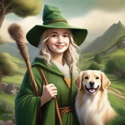 A detailed portrait of a female hobbit wizard wearing a traditional wizard's robe and hat, holding a staff