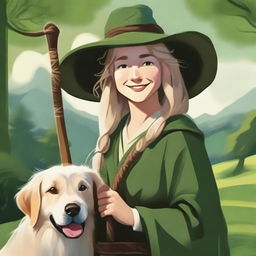 A detailed portrait of a female hobbit wizard wearing a traditional wizard's robe and hat, holding a staff