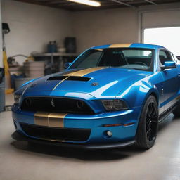 A 4K ultra-realistic image of a glossy blue Shelby Mustang parked in a garage under white light, with a small yellow snake featuring black and brown patterns, furiously looking out from the bonnet of the car. The car is captured in a stylish, wide front down-angle shot.