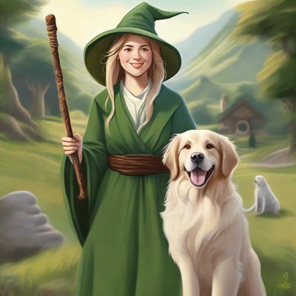 A detailed portrait of a female hobbit wizard wearing a traditional wizard's robe and hat, holding a staff