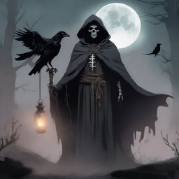 Under a hazy full moon, a cunning and scheming undead lord stands, wearing a mask