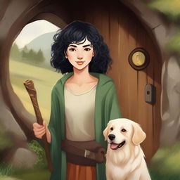 A detailed portrait of a female hobbit wizard with short curly black hair