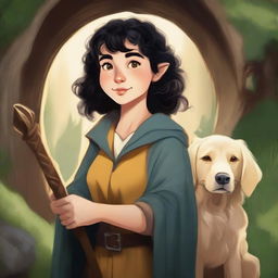 A detailed portrait of a female hobbit wizard with short curly black hair