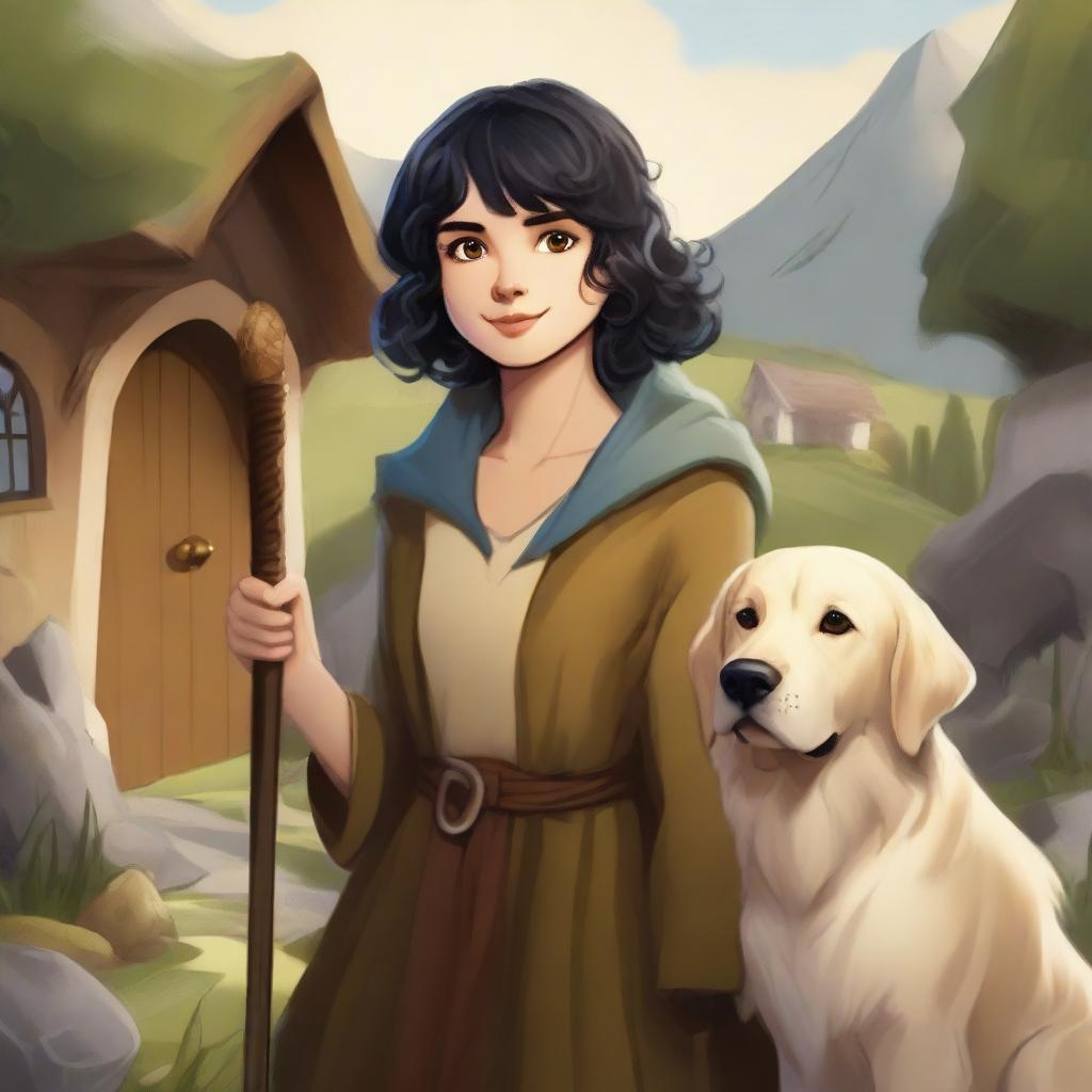 A detailed portrait of a female hobbit wizard with short curly black hair