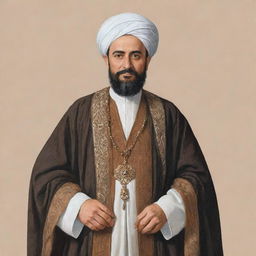 Illustration of Hasan-I Sabbah, a prominent historical figure, dressed in period-appropriate attire