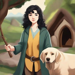 A detailed portrait of a female hobbit wizard with short curly black hair