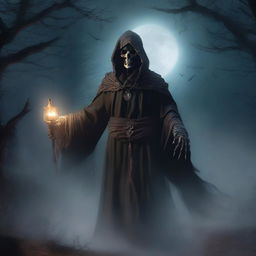 Under a hazy full moon, a cunning and scheming undead lord stands, wearing a mask that hides his skeletal face