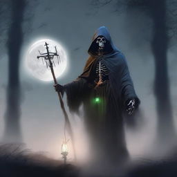 Under a hazy full moon, a cunning and scheming undead lord stands, wearing a mask that hides his skeletal face