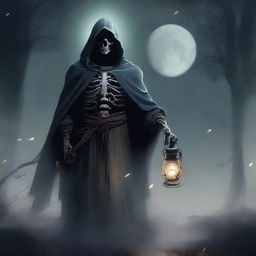 Under a hazy full moon, a cunning and scheming undead lord stands, wearing a mask that hides his skeletal face