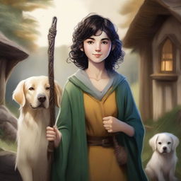 A detailed portrait of a female hobbit wizard with short, curly black hair