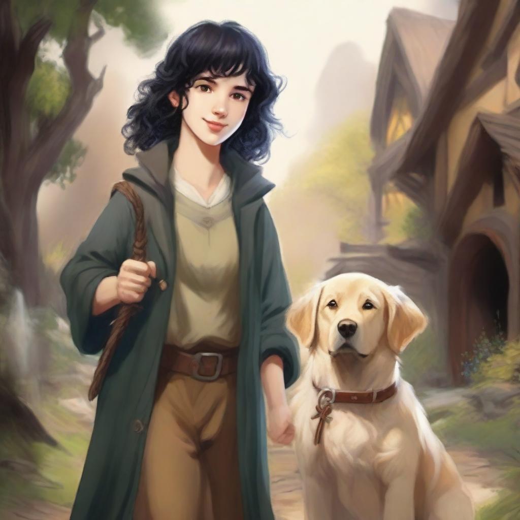 A detailed portrait of a female hobbit wizard with short, curly black hair