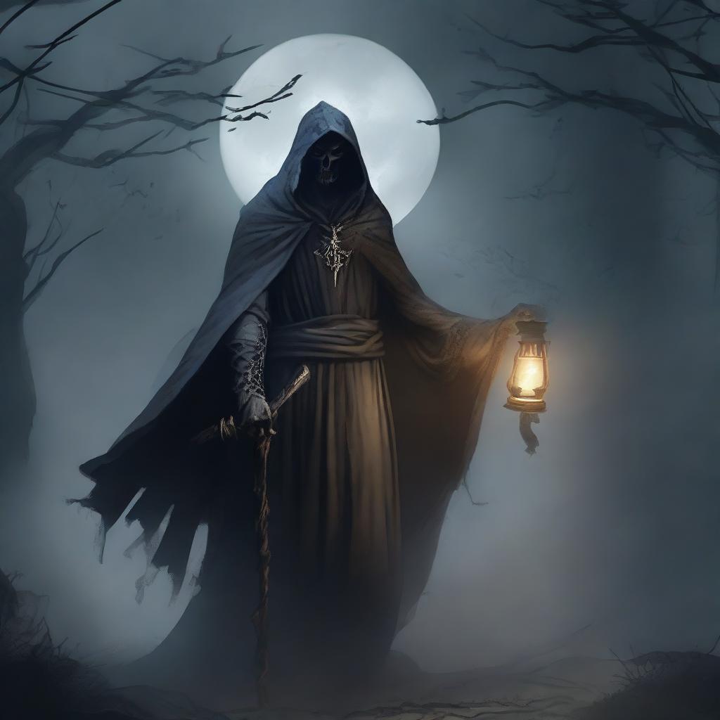 Under a hazy full moon, a cunning and scheming undead lord stands, exuding an aura of malevolence