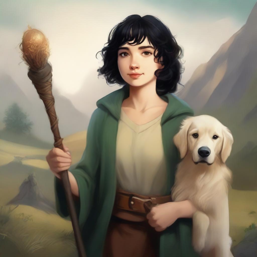 A detailed portrait of a female hobbit with short, curly black hair