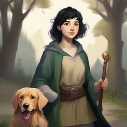 A detailed portrait of a female hobbit with short, curly black hair