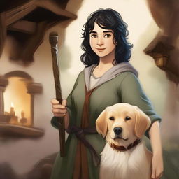 A detailed portrait of a female hobbit with short, curly black hair