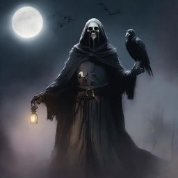 Under a hazy moon in the sky, a cunning and scheming Undead Lord stands, wearing a mask