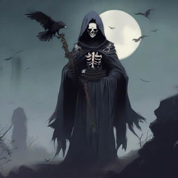 Under a hazy moon in the sky, a cunning and scheming Undead Lord stands, wearing a mask